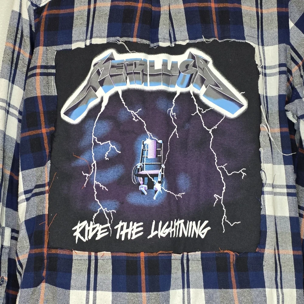 Boneyard Threadz Blue & White Plaid Flannel W/ Metallica Graphic Size XXL - Picture 2 of 7